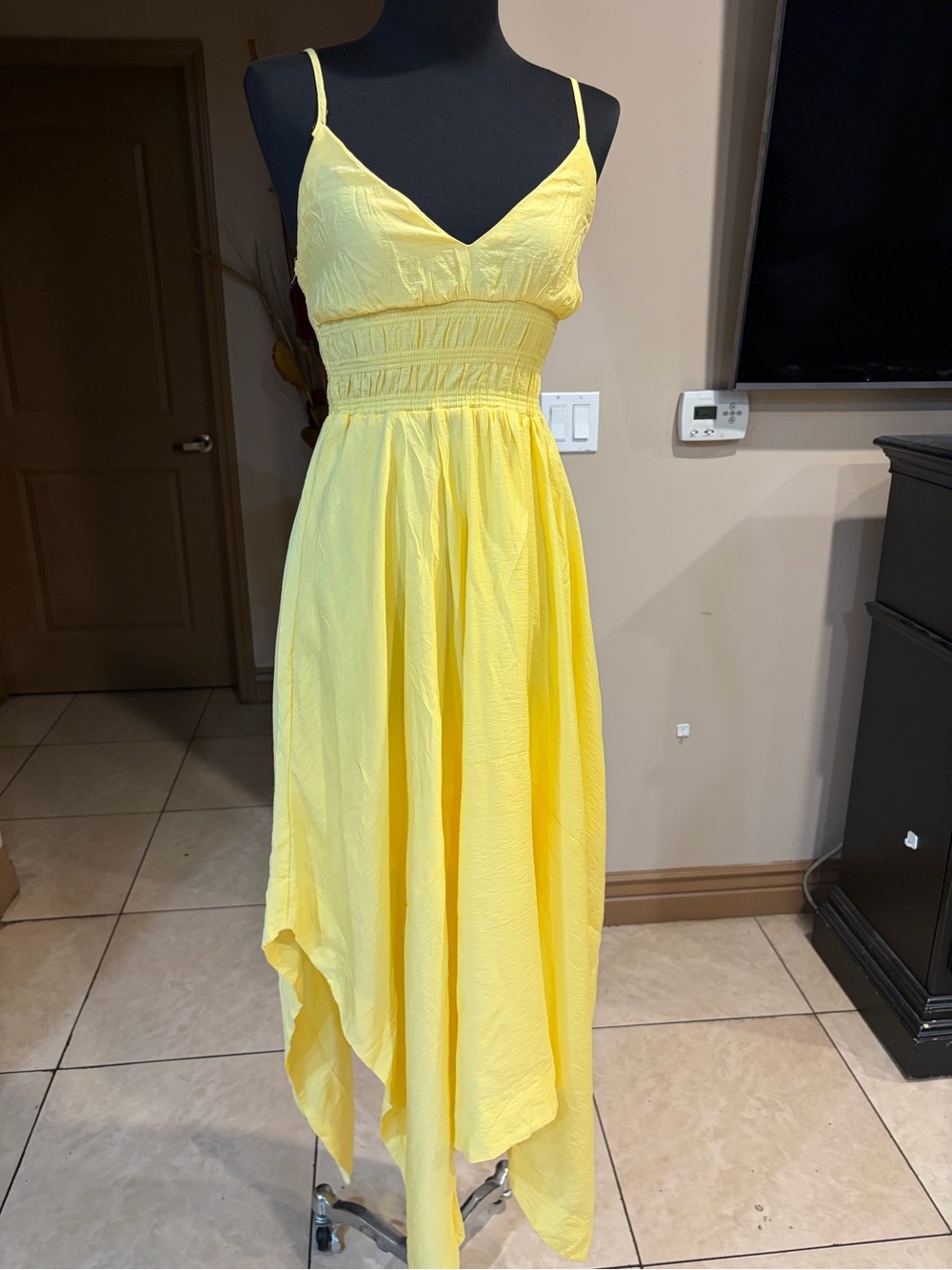 Moon River Sunny Yellow Spaghetti-Strap High-Low Dress